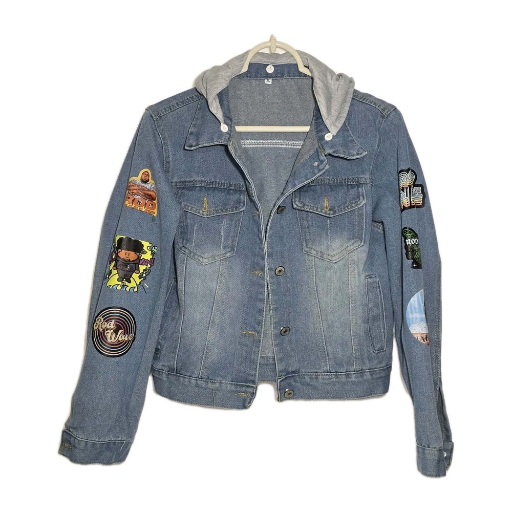Youth XL Rod Wave Denim Jacket Hooded‎ Patch Graphic Hip Hop Streetwear